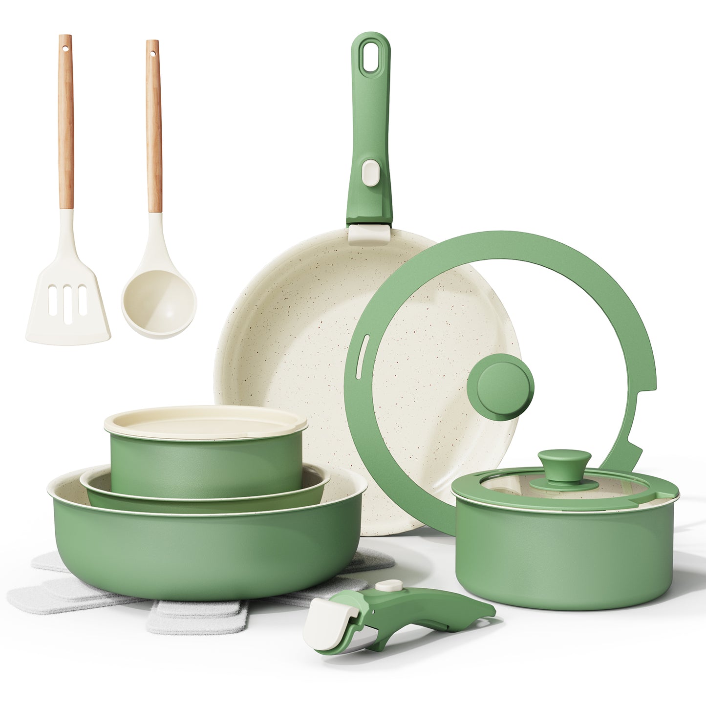 Bazova Ceramic Nonstick 17-Piece Cookware Set with Removable Handles - Green