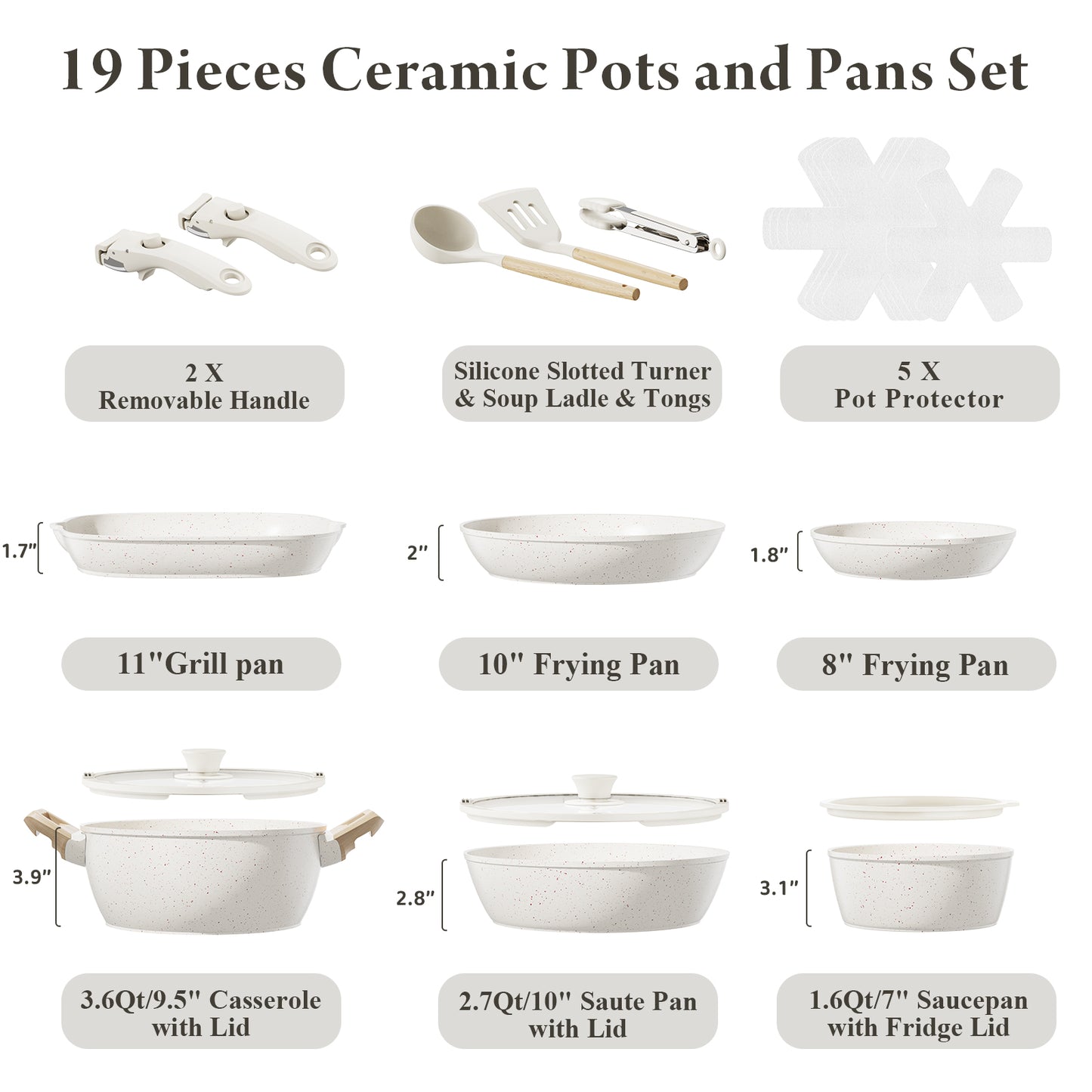 Bazova Ceramic Nonstick 19-Piece Cookware Set with Removable Handles - Cream White