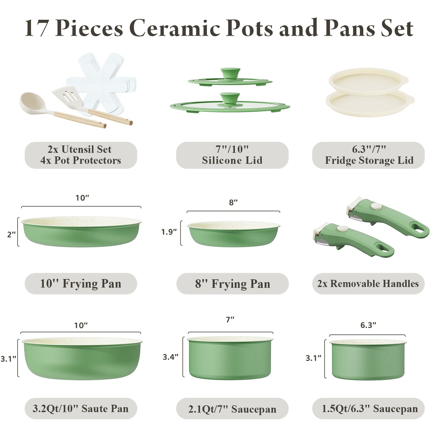 Bazova Ceramic Nonstick 17-Piece Cookware Set with Removable Handles - Green