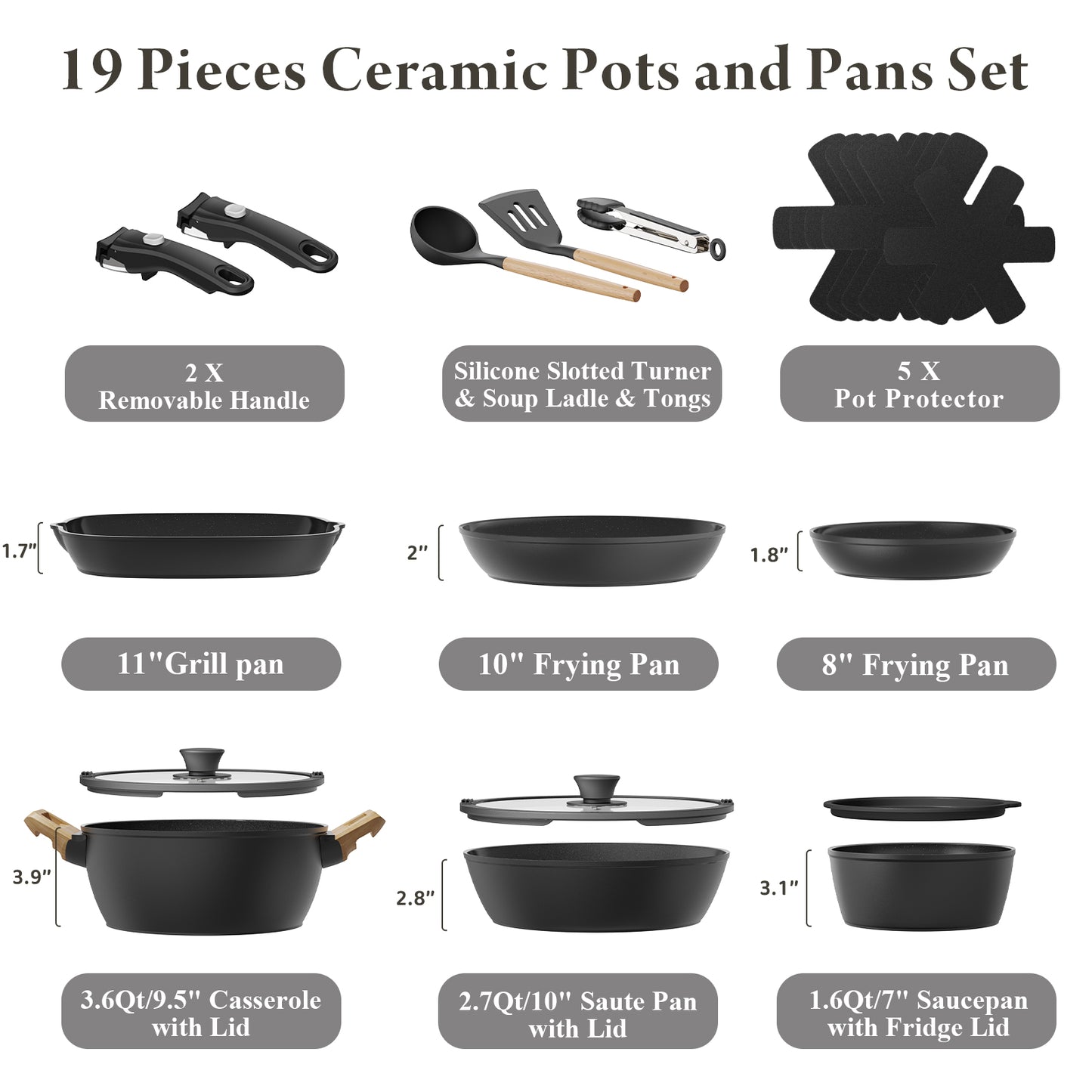 Bazova Ceramic Nonstick 19-Piece Cookware Set with Removable Handles - Black