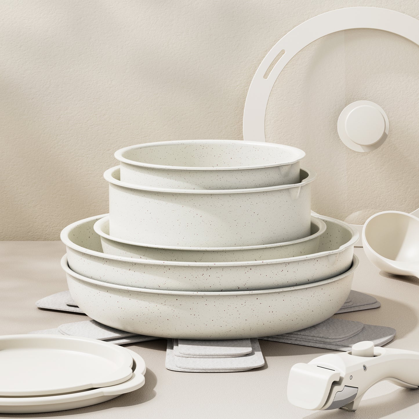 Bazova Ceramic Nonstick 17-Piece Cookware Set with Removable Handles - Cream White
