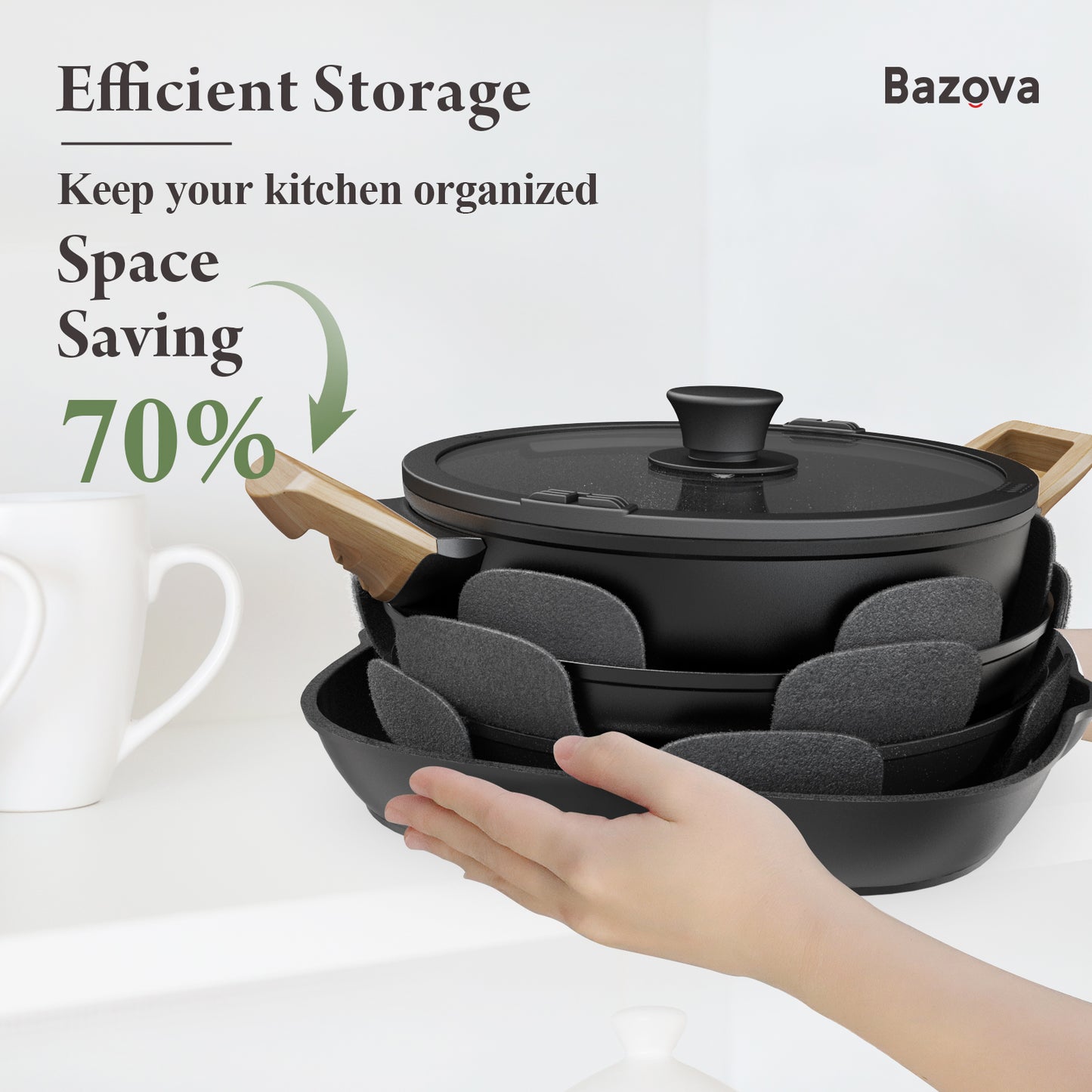Bazova Ceramic Nonstick 19-Piece Cookware Set with Removable Handles - Black