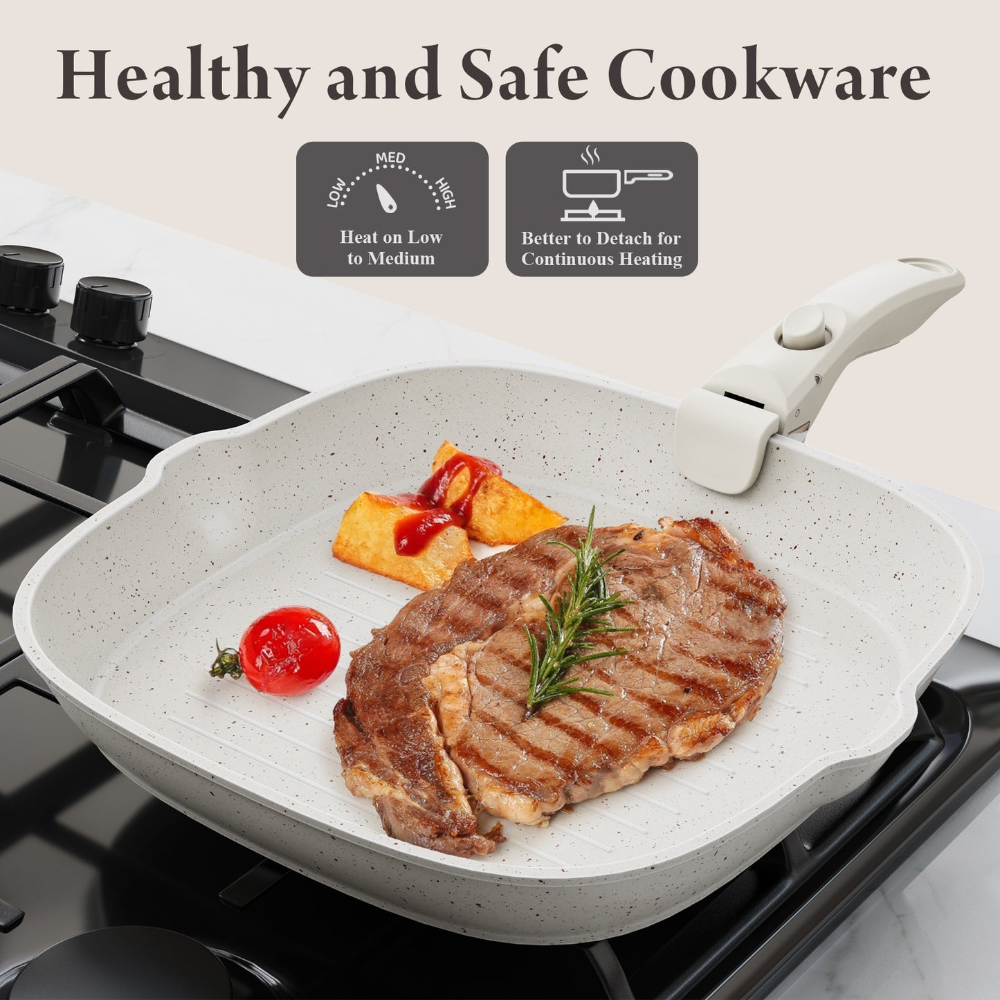 Bazova Ceramic Nonstick 19-Piece Cookware Set with Removable Handles - Cream White