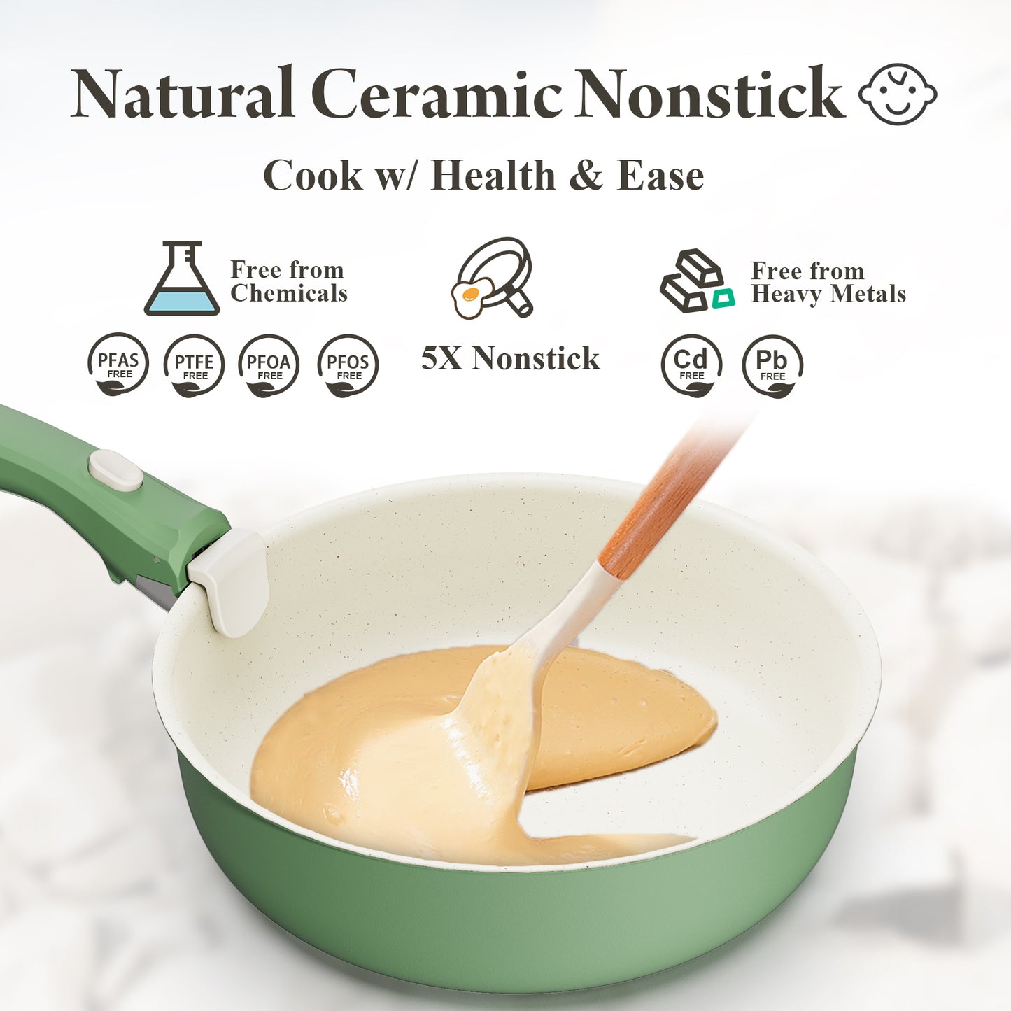 Bazova Ceramic Nonstick 17-Piece Cookware Set with Removable Handles - Green