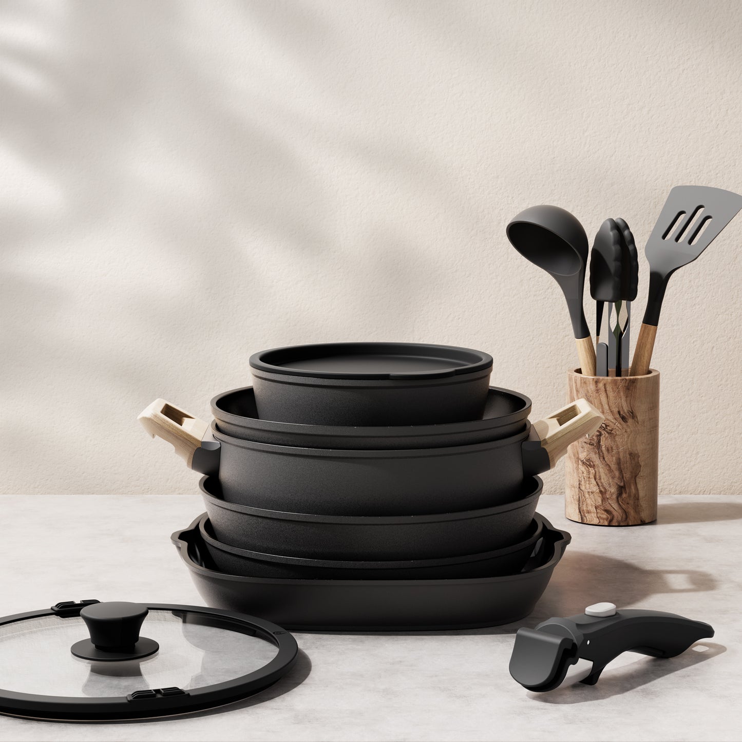 Bazova Ceramic Nonstick 19-Piece Cookware Set with Removable Handles - Black