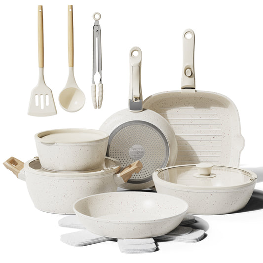 Bazova Ceramic Nonstick 19-Piece Cookware Set with Removable Handles - Cream White