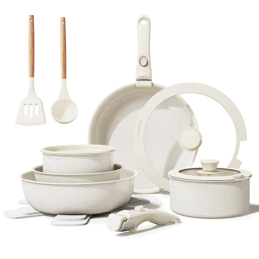 Bazova Ceramic Nonstick 17-Piece Cookware Set with Removable Handles - Cream White
