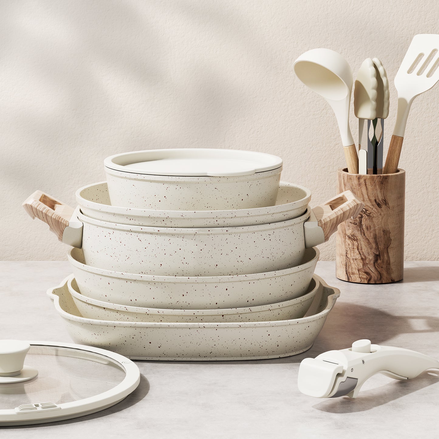 Bazova Ceramic Nonstick 19-Piece Cookware Set with Removable Handles - Cream White