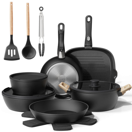 Bazova Ceramic Nonstick 19-Piece Cookware Set with Removable Handles - Black