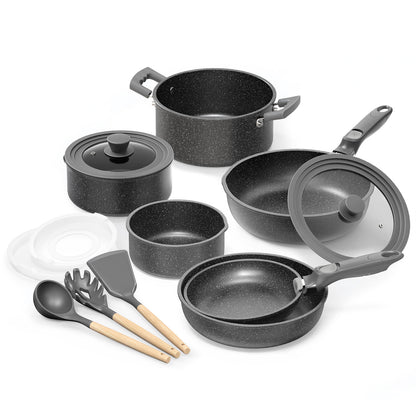 Bazova Granite Nonstick 15-PC Cookware Set with Detachable Handles
