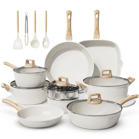Bazova 24-Piece Ceramic Nonstick Cookware Set with Large Capacity – Cream White