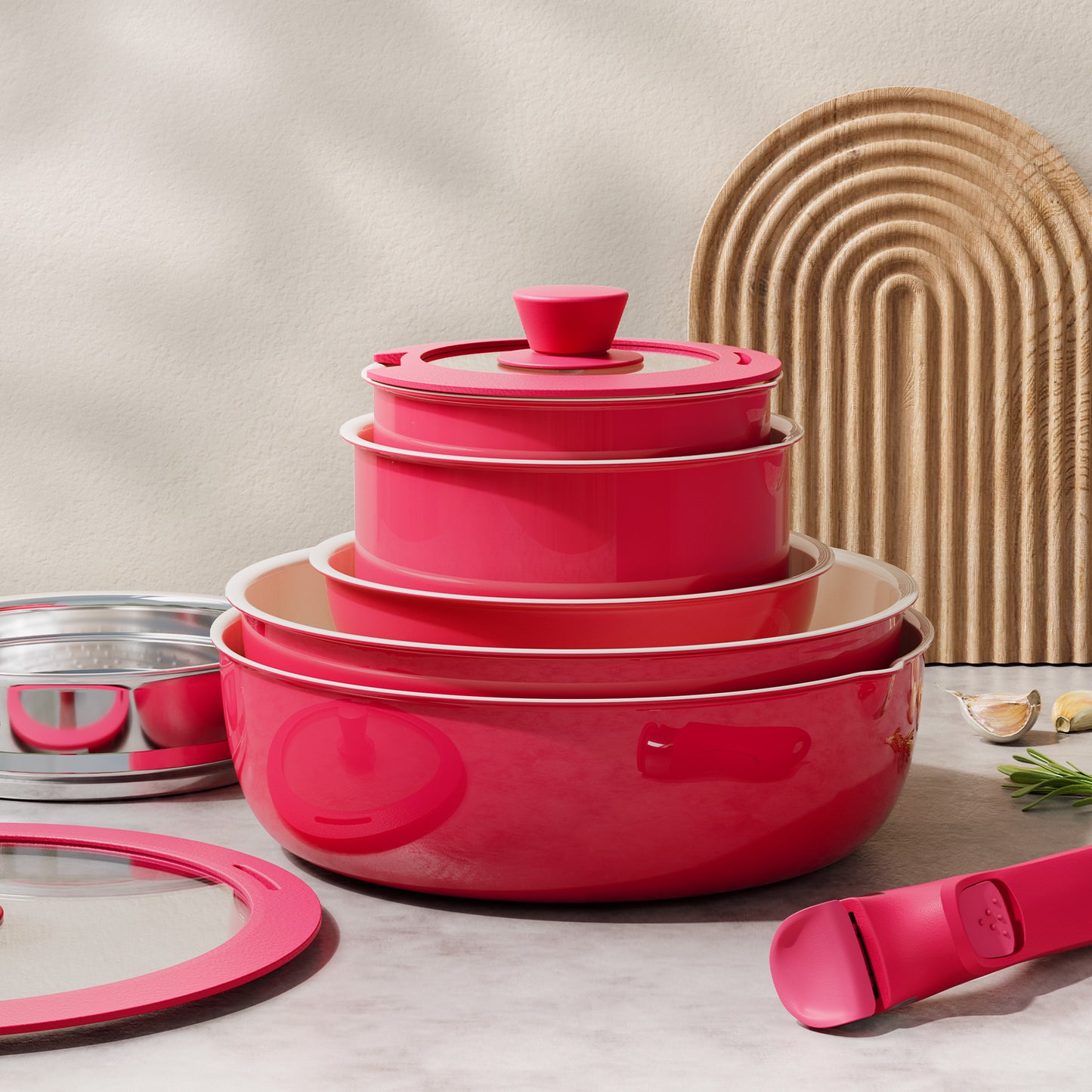 Bazova Ceramic Nonstick 13-PC Cookware Set with Detachable Handles - Red