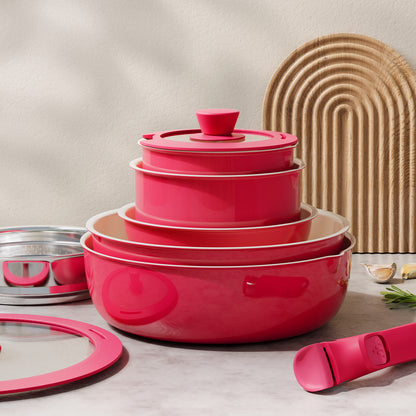 Bazova Ceramic Nonstick 13-PC Cookware Set with Detachable Handles - Red