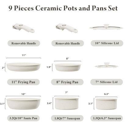 [BIG DISCOUNT!] Bazova Ceramic Nonstick 9-Piece Cookware Set with Removable Handles - Cream White