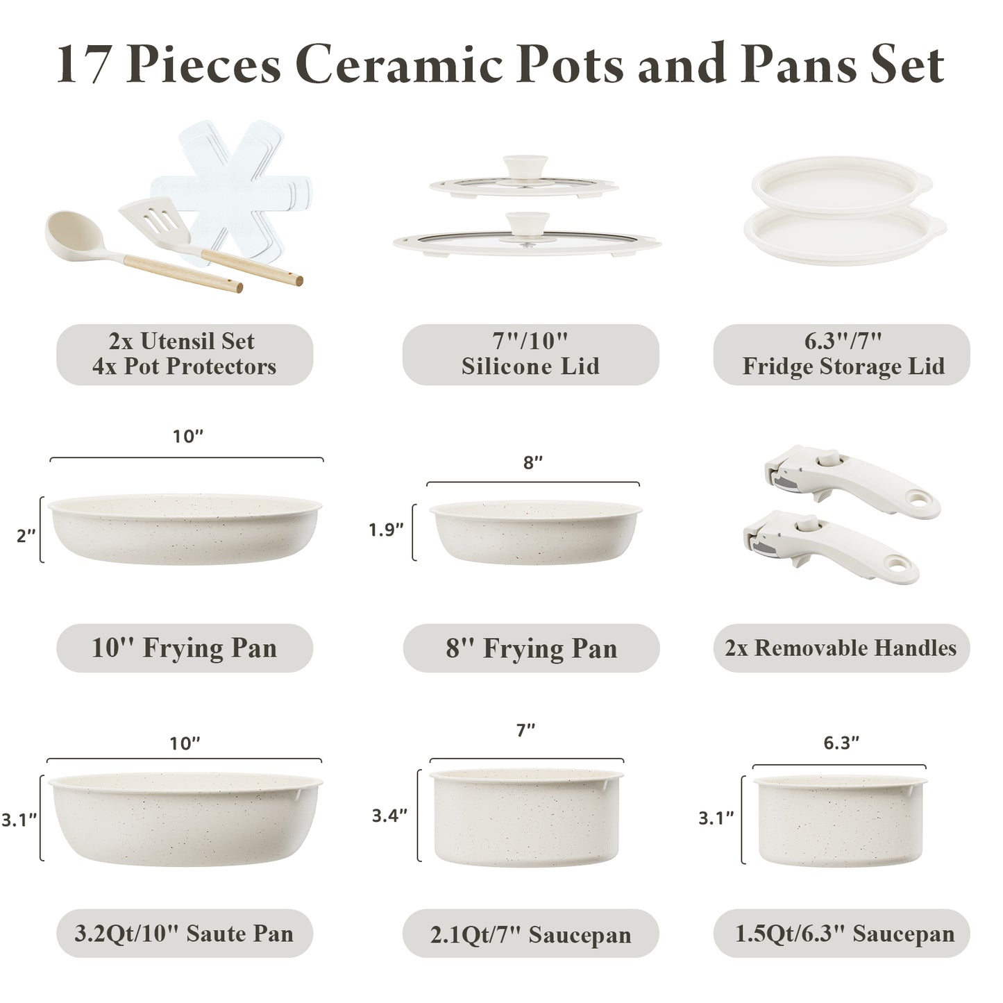 Bazova Ceramic Nonstick 17-Piece Cookware Set with Removable Handles - Cream White