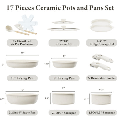 Bazova Ceramic Nonstick 17-Piece Cookware Set with Removable Handles - Cream White