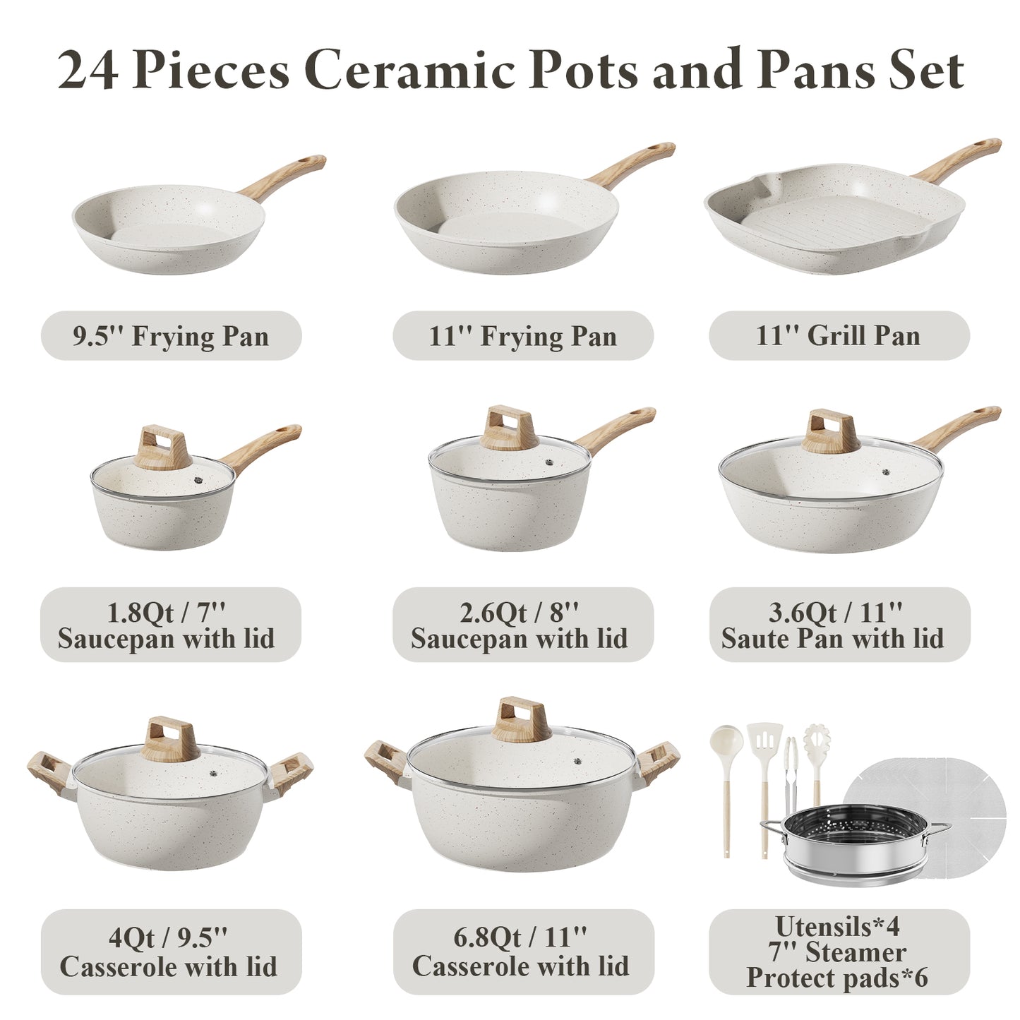 Bazova 24-Piece Ceramic Nonstick Cookware Set with Large Capacity – Cream White