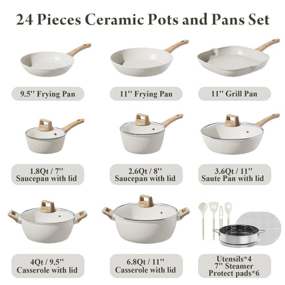 Bazova 24-Piece Ceramic Nonstick Cookware Set with Large Capacity – Cream White