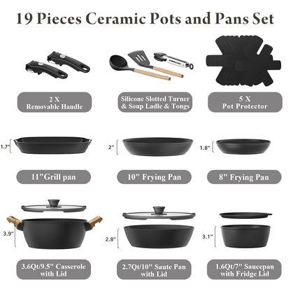 Bazova Ceramic Nonstick 19-Piece Cookware Set with Removable Handles - Black