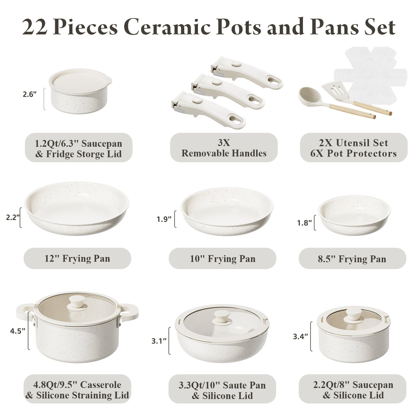 Bazova Ceramic Nonstick 22-Piece Cookware Set with Removable Handles – White
