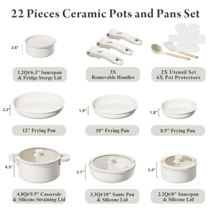 Bazova Ceramic Nonstick 22-Piece Cookware Set with Removable Handles – White