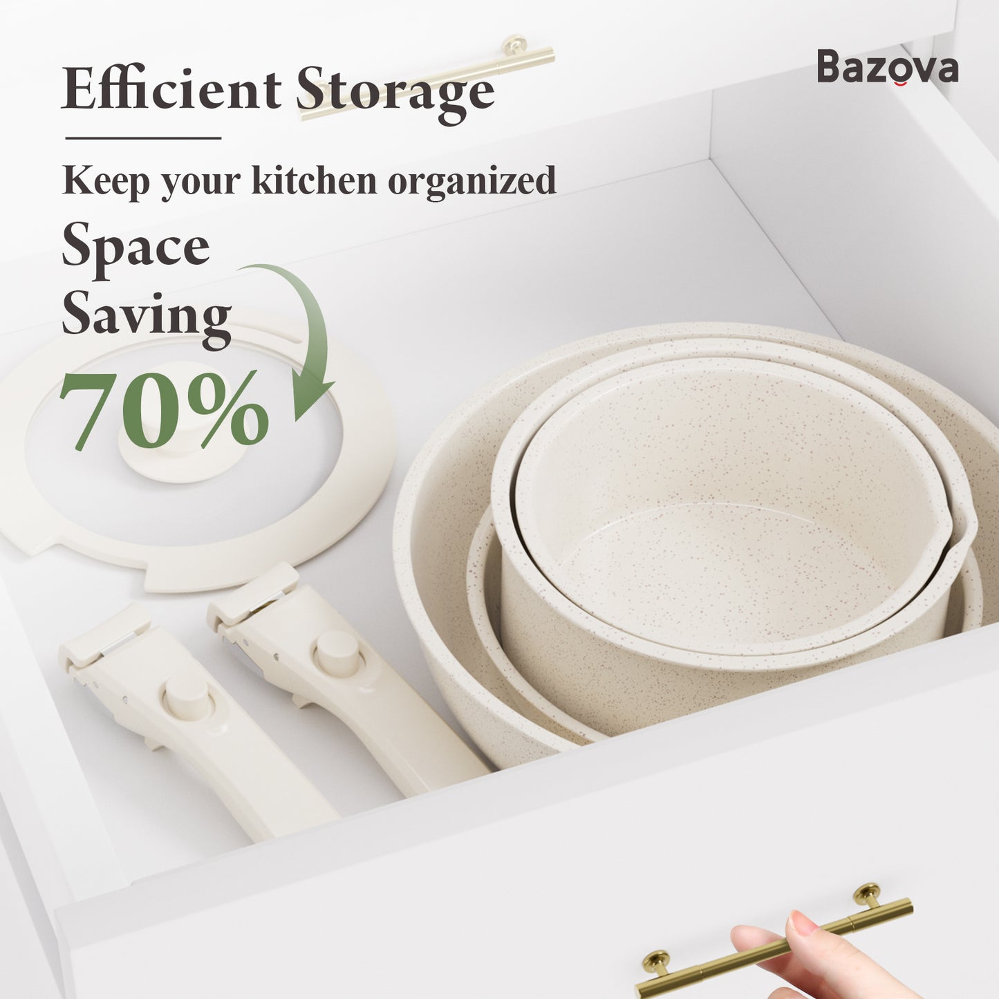 Bazova Ceramic Nonstick 17-Piece Cookware Set with Removable Handles - Cream White