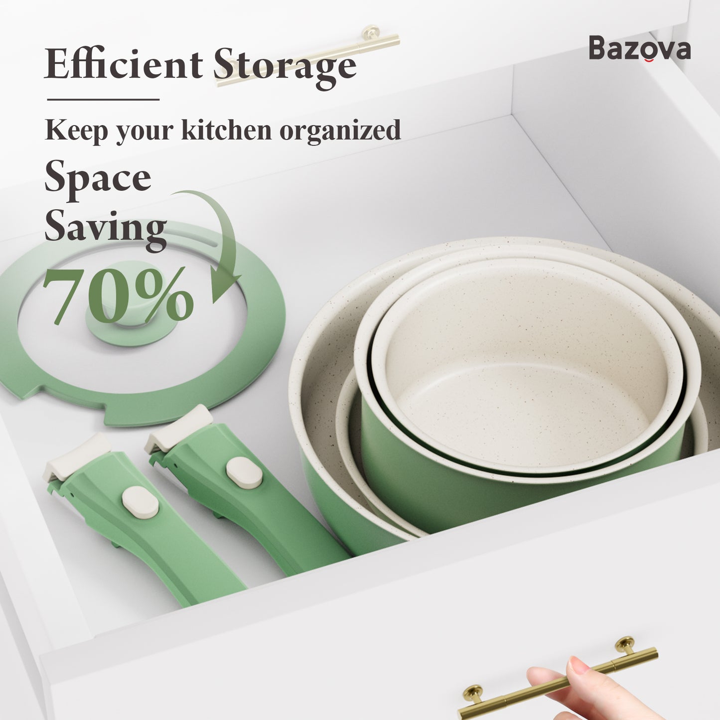 Bazova Ceramic Nonstick 17-Piece Cookware Set with Removable Handles - Green