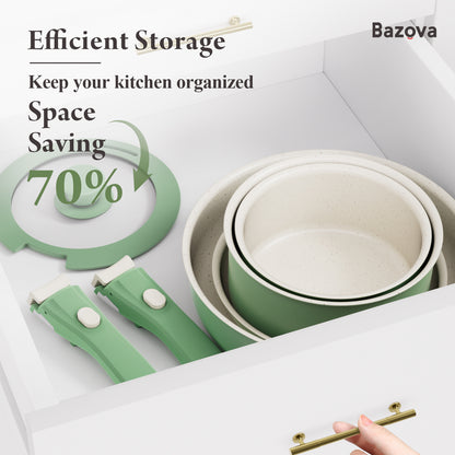 Bazova Ceramic Nonstick 17-Piece Cookware Set with Removable Handles - Green