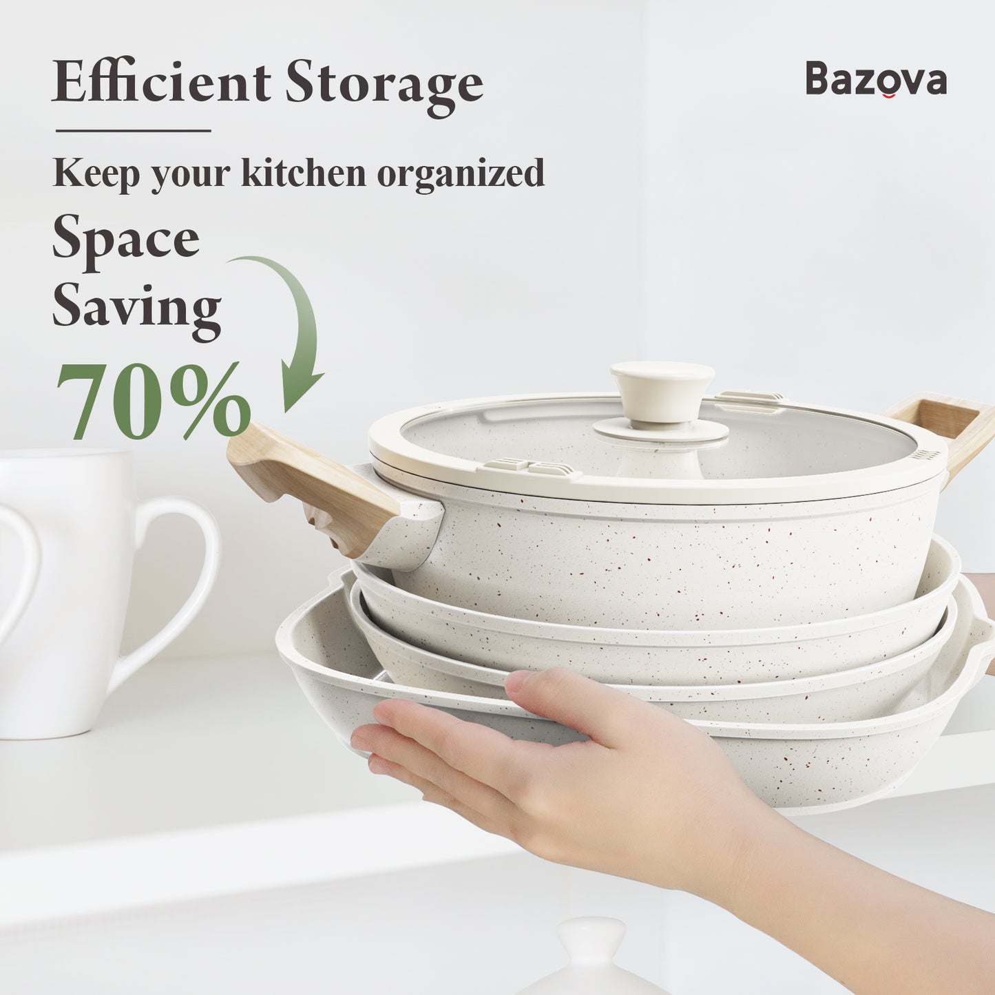 Bazova Ceramic Nonstick 19-Piece Cookware Set with Removable Handles - Cream White