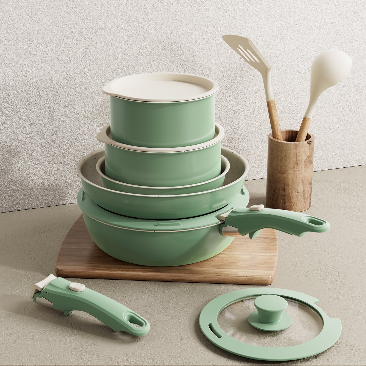 Bazova Ceramic Nonstick 17-Piece Cookware Set with Removable Handles - Green