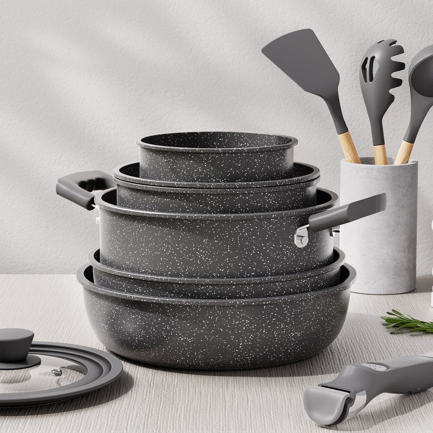 Bazova Granite Nonstick 15-PC Cookware Set with Detachable Handles
