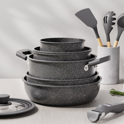Bazova Granite Nonstick 15-PC Cookware Set with Detachable Handles