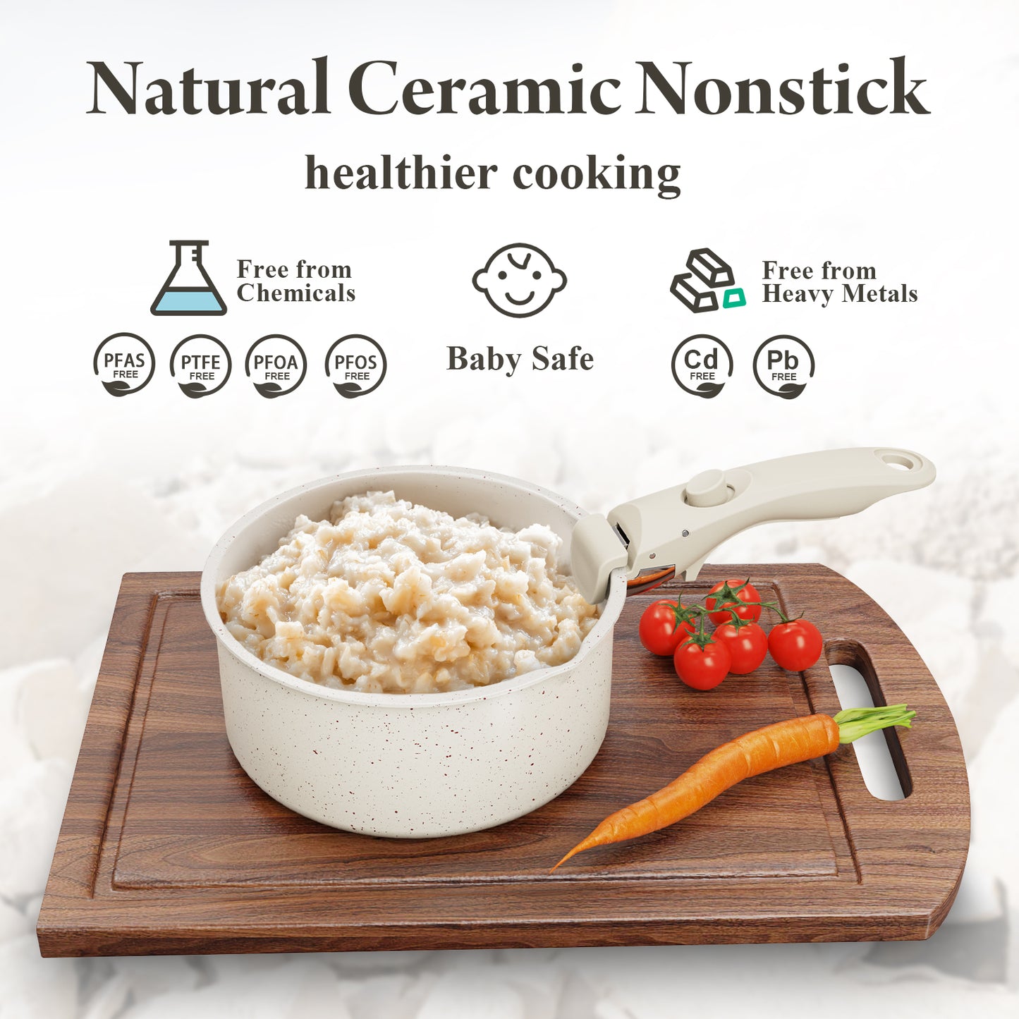 [BIG DISCOUNT!] Bazova Ceramic Nonstick 9-Piece Cookware Set with Removable Handles - Cream White