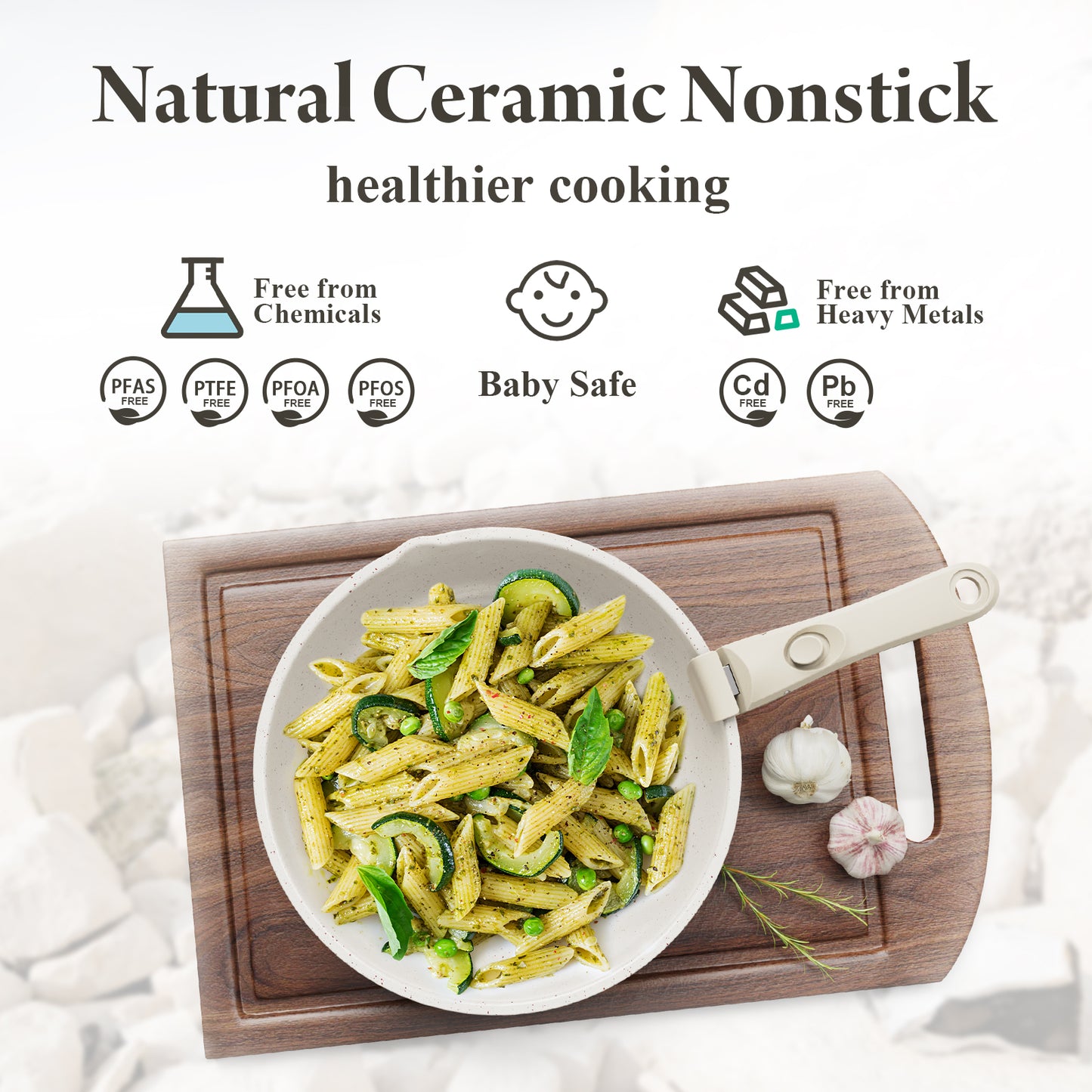 Bazova Ceramic Nonstick 17-Piece Cookware Set with Removable Handles - Cream White