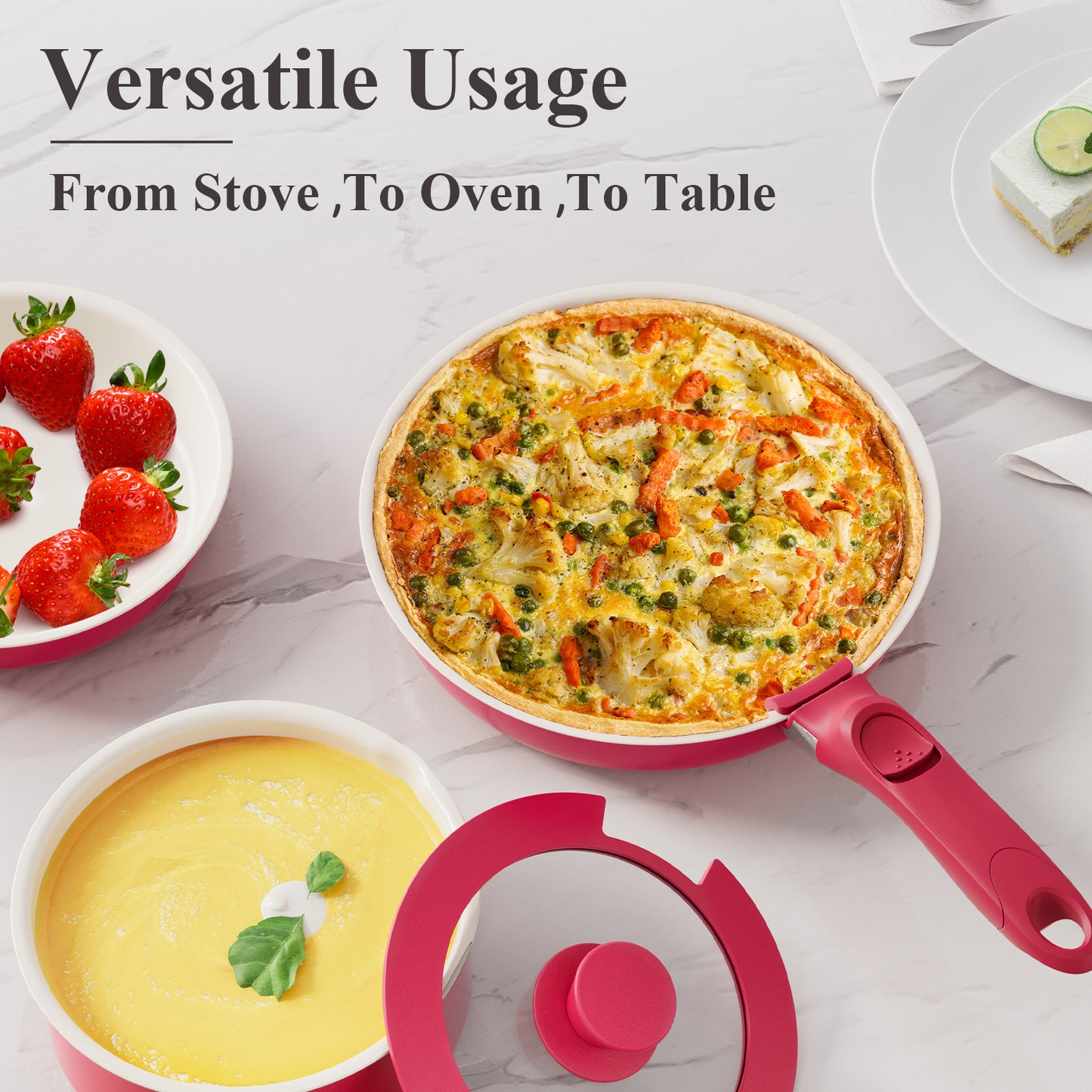 Bazova Ceramic Nonstick 13-PC Cookware Set with Detachable Handles - Red