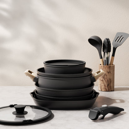 Bazova Ceramic Nonstick 19-Piece Cookware Set with Removable Handles - Black
